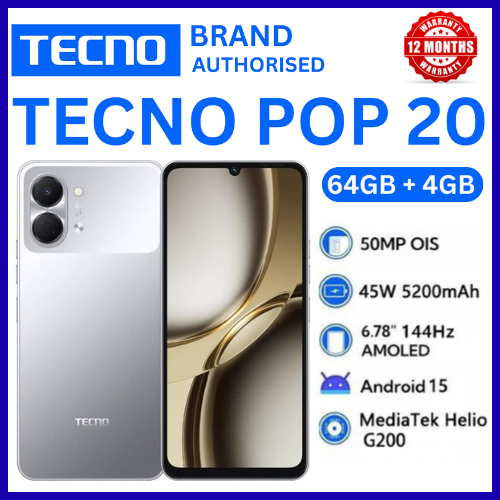 BRAND NEW TECNO POP 20 64GB ROM +4GB RAM 6.75 inch FHD 5000mAh Battery 13MP Main Camera Dual SIM 4G 15W FAST NETWORK UNISOC T7250 PROCESSOR Android 15