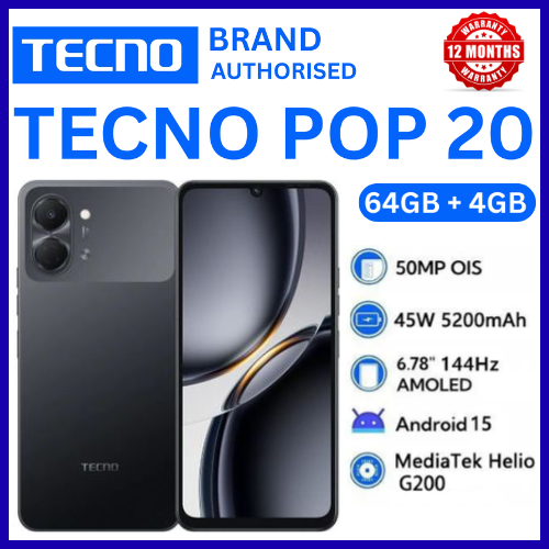BRAND NEW TECNO POP 20 64GB ROM +4GB RAM 6.75 inch FHD 5000mAh Battery 13MP Main Camera Dual SIM 4G 15W FAST NETWORK UNISOC T7250 PROCESSOR Android 15