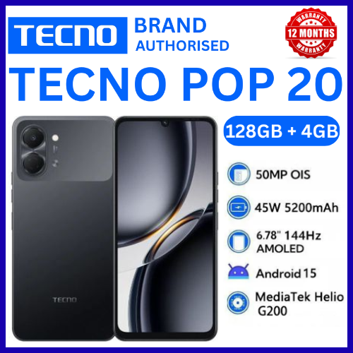 BRAND NEW TECNO POP 20 128GB ROM +4GB RAM 6.75 inch FHD 5000mAh Battery 13MP Main Camera Dual SIM 4G 15W FAST NETWORK UNISOC T7250 PROCESSOR Android 15