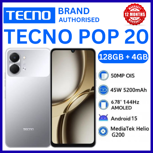 BRAND NEW TECNO POP 20 128GB ROM +4GB RAM 6.75 inch FHD 5000mAh Battery 13MP Main Camera Dual SIM 4G 15W FAST NETWORK UNISOC T7250 PROCESSOR Android 15