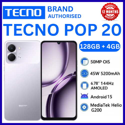 BRAND NEW TECNO POP 20 128GB ROM +4GB RAM 6.75 inch FHD 5000mAh Battery 13MP Main Camera Dual SIM 4G 15W FAST NETWORK UNISOC T7250 PROCESSOR Android 15