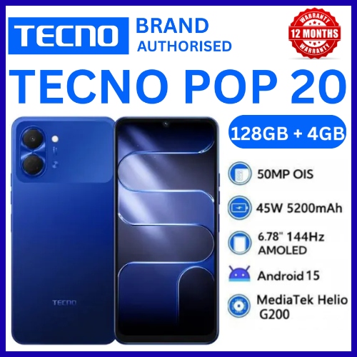 BRAND NEW TECNO POP 20 128GB ROM +4GB RAM 6.75 inch FHD 5000mAh Battery 13MP Main Camera Dual SIM 4G 15W FAST NETWORK UNISOC T7250 PROCESSOR Android 15