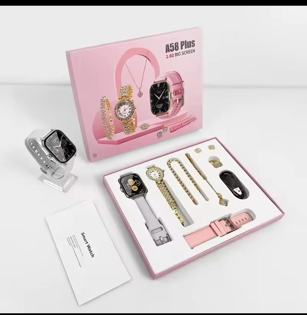 A58 Plus Smartwatch Gift Set 2.02" Bluetooth Call Fitness Tracker with 3 Straps & Jewelry-Perfect Gift Set

Includes extra straps, bracelet, necklace and ring for a fashionable look.