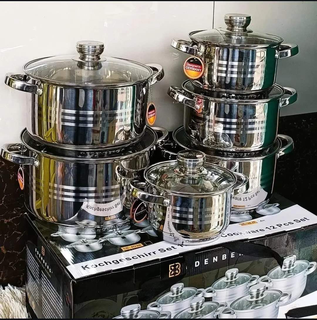 12 PIECES EDENBERG stainless Cookware,(2.1, 2.9, 3.9, 5.1, 6.5, 8.2)/  (2.1ltrs, 2.9l, 3.9l, 4.7l, 6.5l )
