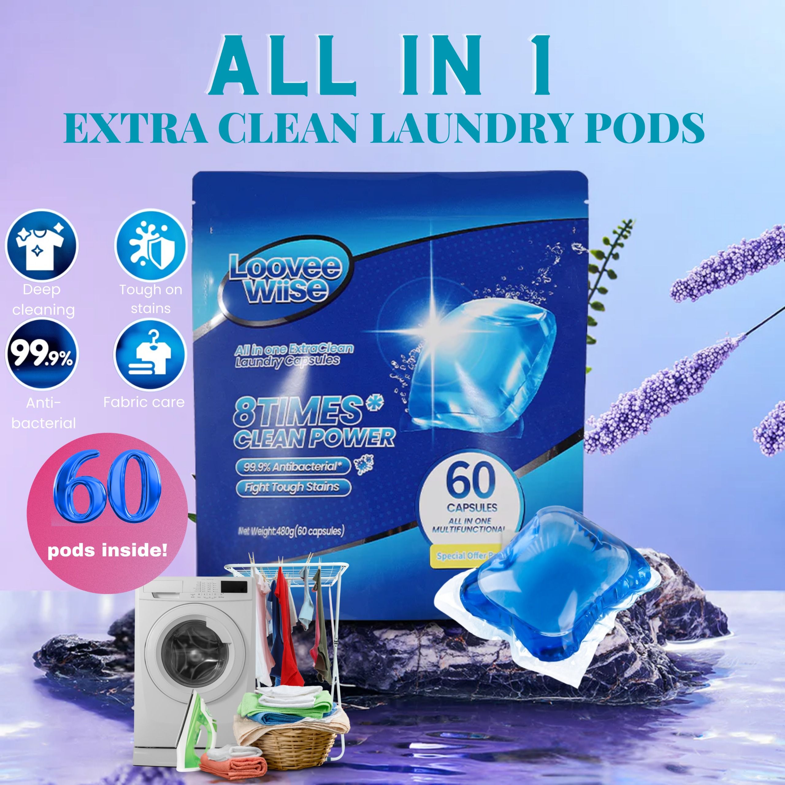 Loovewise All-in-1 Extra Clean Laundry Pods 60pods pack Lavender Fragrance Deep Clean & Softener Washing Machine Liquid Detergent Pods Gel Scent Booster Cleaning Loads Tablets - For all Machines