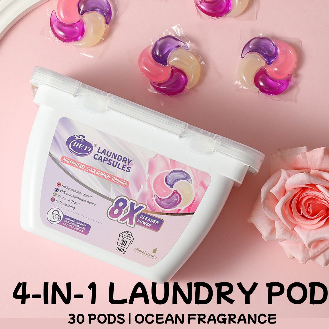 Jieti 4in1 Extra Clean Laundry Pods 30pods pack Colour Protection Floral Ocean Fragrance Deep Clean & Softener Washing Machine Liquid Detergent Pods Gel Scent Booster Cleaning Loads Tablets - For all