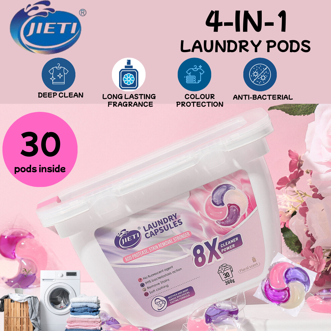 Jieti 4in1 Extra Clean Laundry Pods 30pods pack Colour Protection Floral Ocean Fragrance Deep Clean & Softener Washing Machine Liquid Detergent Pods Gel Scent Booster Cleaning Loads Tablets - For all