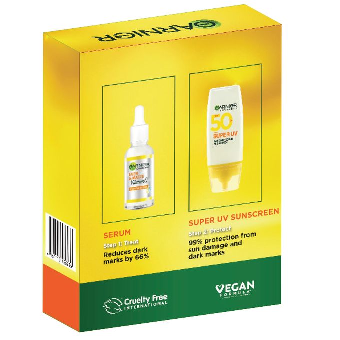 Garnier Correct and Protect Bundle Pack: Vitamin C Day Booster Serum 30ml + Super UV Invisible Sunscreen SPF 50