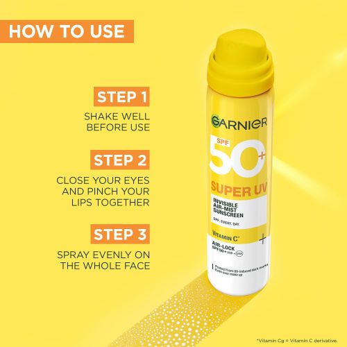 Garnier Super UV Invisible Air Mist Sunscreen SPF 50, with Vitamin C to Correct UV Induced Dark Marks and SPF 50, UVA+ UVB to Protect from Sun Damage, 75 ml