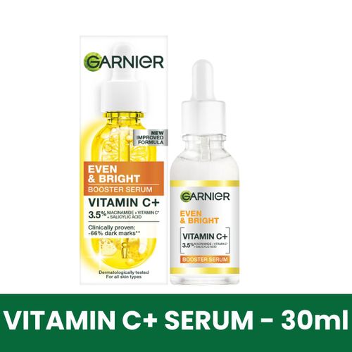 Garnier Even & Bright Vitamin C+ Booster Serum,Fades Dark Marks, 100x Stronger than Vitamin C, Evens Skin Tone, with Vitamin C & Activating BHA &Niacinamide - 30m