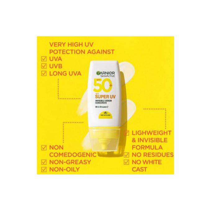 Garnier Skin Active Super UV Invisible Sunscreen SPF50 with Vitamin C - Protects and Reduces 53% Dark Marks