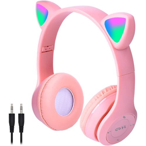 Cat Ear Bluetooth Headset, RGB USB Gaming Headset, Cute Retractable Active Noise Cancelling Headphones, Good Gifts for Girls and Kids (Pink)