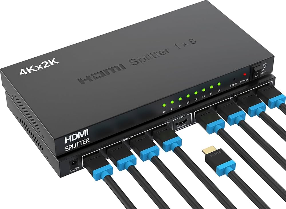 HDTV HDMI Splitter 1 In 8 Out – 3D, 1080P Full HD & 4K Ultra HD, High-Speed HDMI Signal Distributor for TV, Monitors, Projectors, Gaming, and Home Theater