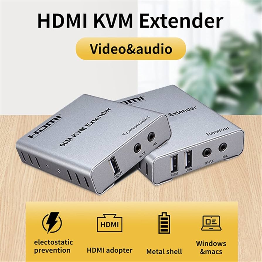 60M HDMI KVM Extender with Audio – 1080P@60Hz, USB Keyboard & Mouse Control, Cat5e/Cat6 HDMI Extender, Plug & Play