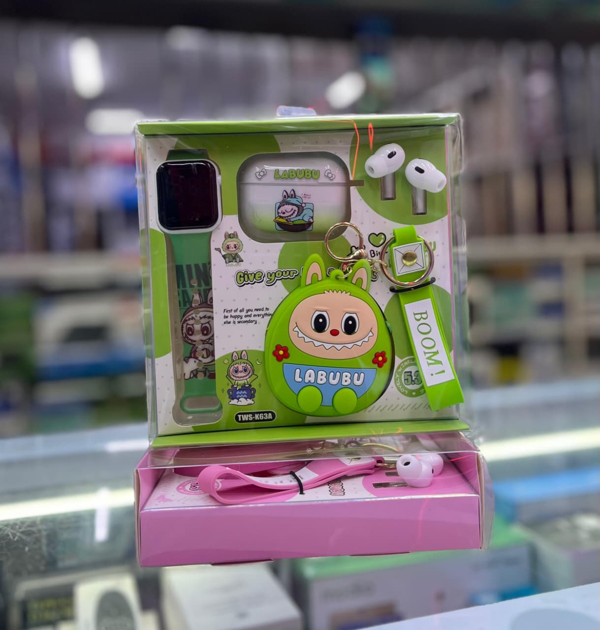 Smartwatch + Wireless Earbuds + Labubu Earbuds Case Set – Bluetooth Smart Watch, Fitness Tracker, HD Display, Calls & Notifications, Stereo Sound Earphones, Cute Labubu Protective Case Gift Set