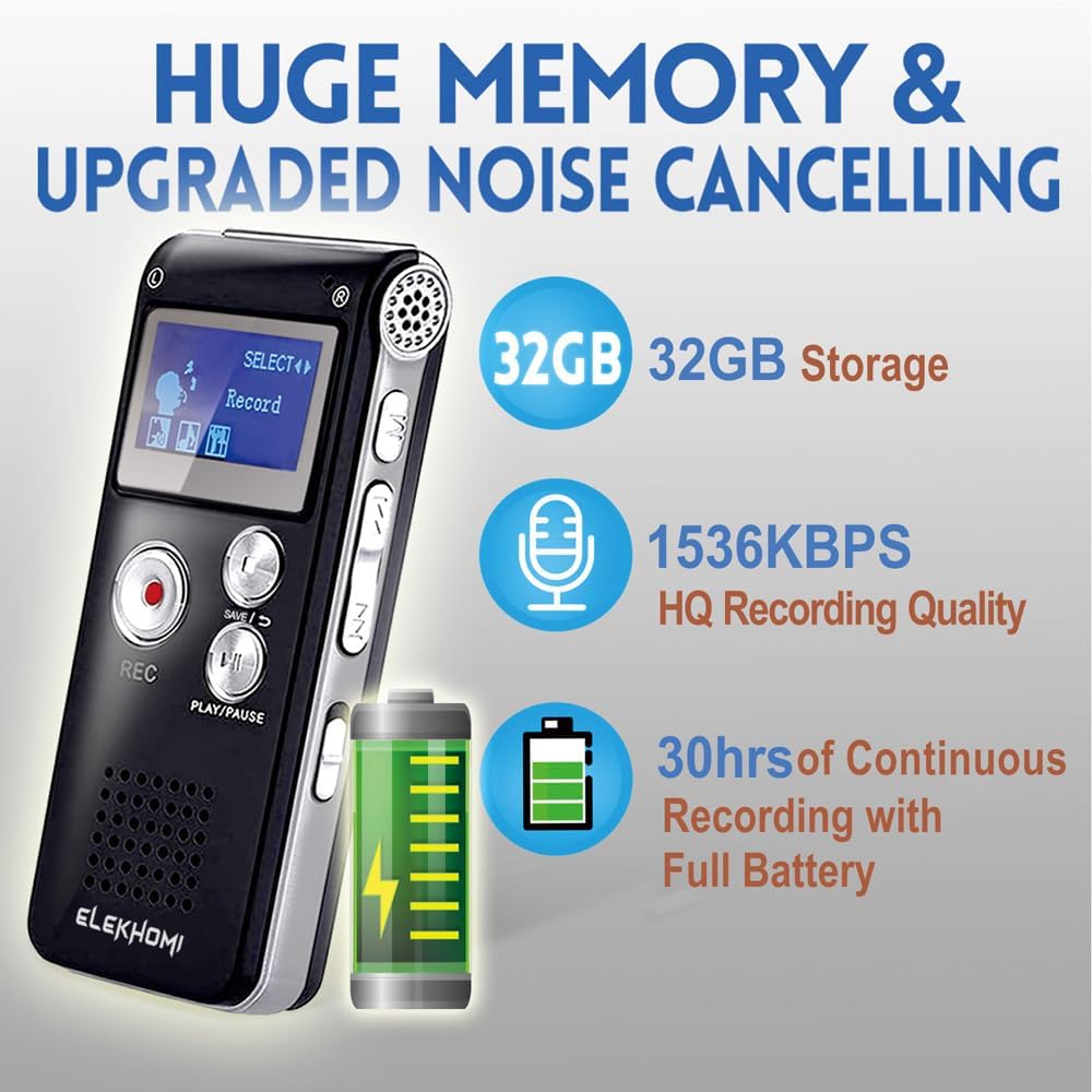 32GB Digital Voice Recorder – High‑Capacity Portable Audio Recording Device, One‑Touch Recording, Built‑in Mic & Speaker, USB File Transfer, MP3/WAV Support, Long Battery Life, Ideal for Lectures