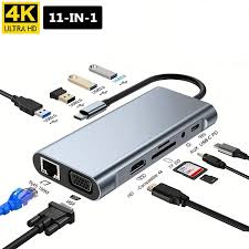 USB-C 11-in-1 Hub Adapter – 4K HDMI, VGA, USB 3.0/2.0, Gigabit Ethernet, SD/TF Card Readers, 3.5mm Audio, PD Charging – Multifunction Docking Station for Laptop & Tablet