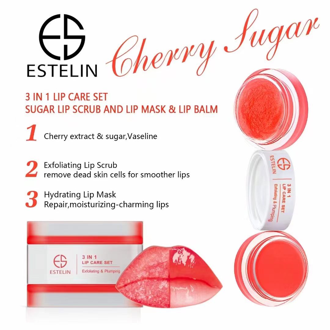 Estelin Cherry Lip Care Set 3-in-1 – Exfoliating Sugar Scrub, Nourishing Lip Mask & Hydrating Balm