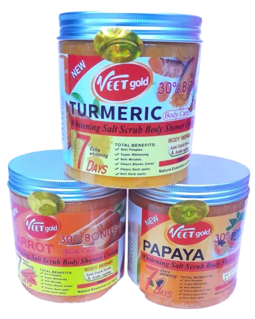 Veet Gold Turmeric Super Whitening Salt Scrub Body Shower Cream – Exfoliating & Brightening Skin Polish for Smooth, Glowing Body (Deep Cleansing & Moisturizing Formula)