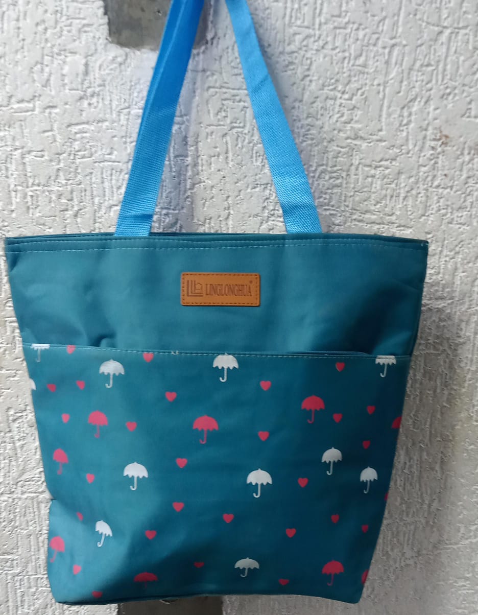 Teal Canvas Tote Bag with Red & White Umbrella and Heart Print, Blue Shoulder Straps
