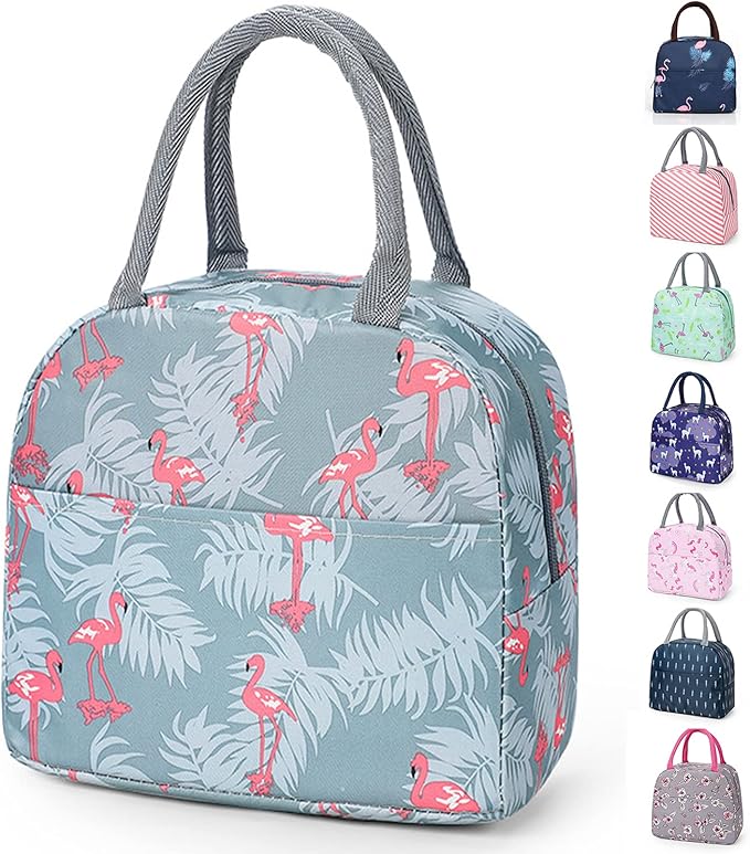 Insulated Lunch Bag Small for Women, Students & Kids – Thermal Cooler Tote, Portable Reusable Lunch Box, Grey Cat / Flamingo / Stripe Peach / Grey Flamingo