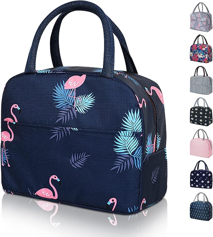 Insulated Lunch Bag Small for Women, Students & Kids – Thermal Cooler Tote, Portable Reusable Lunch Box, Grey Cat / Flamingo / Stripe Peach / Grey Flamingo