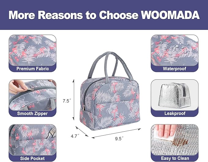 Insulated Lunch Bag Small for Women, Students & Kids – Thermal Cooler Tote, Portable Reusable Lunch Box, Grey Cat / Flamingo / Stripe Peach / Grey Flamingo