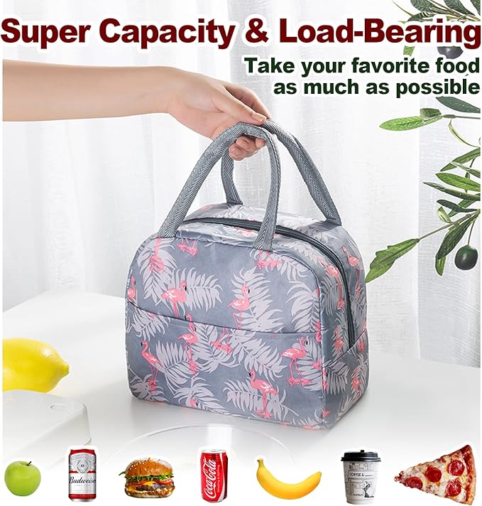 Insulated Lunch Bag Small for Women, Students & Kids – Thermal Cooler Tote, Portable Reusable Lunch Box, Grey Cat / Flamingo / Stripe Peach / Grey Flamingo