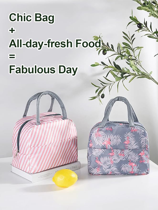 Insulated Lunch Bag Small for Women, Students & Kids – Thermal Cooler Tote, Portable Reusable Lunch Box, Grey Cat / Flamingo / Stripe Peach / Grey Flamingo