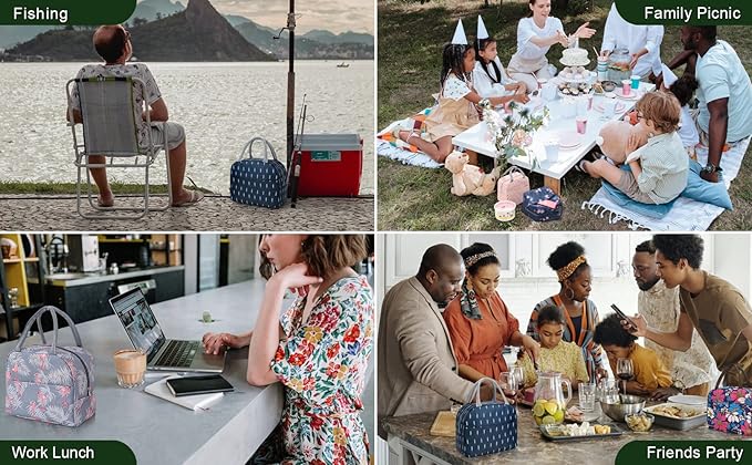 Insulated Lunch Bag Small for Women, Students & Kids – Thermal Cooler Tote, Portable Reusable Lunch Box, Grey Cat / Flamingo / Stripe Peach / Grey Flamingo