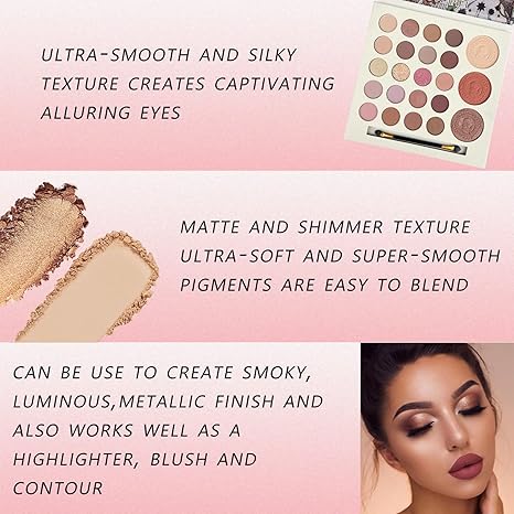 23 Colors Multi-Use Nude Eyeshadow Palette with Dual-Ended Brush, Matte Shimmer Glitter High Pigment Eyeshadow, Can Be Used as Blush Highlighter Contour, Long-Lasting Waterproof Blend Eye Makeup Kit
