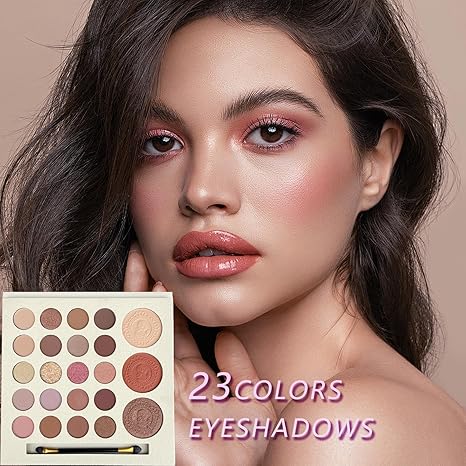 23 Colors Multi-Use Nude Eyeshadow Palette with Dual-Ended Brush, Matte Shimmer Glitter High Pigment Eyeshadow, Can Be Used as Blush Highlighter Contour, Long-Lasting Waterproof Blend Eye Makeup Kit