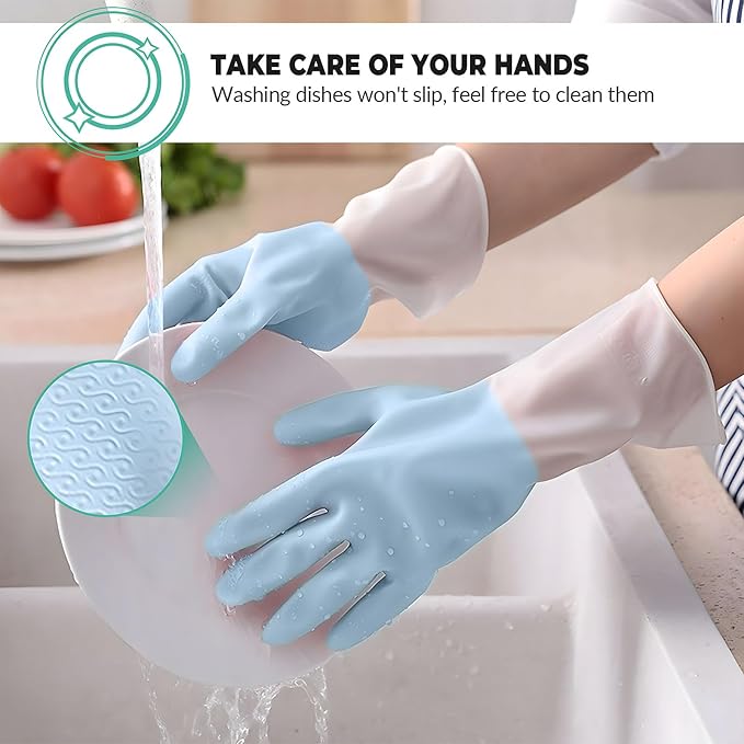 3 Pairs Rubber Gloves Reusable for Dishwashing Cleaning Grippy Latex Dish Washing Gloves Gloves Water Resistant Household