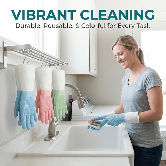 3 Pairs Rubber Gloves Reusable for Dishwashing Cleaning Grippy Latex Dish Washing Gloves Gloves Water Resistant Household