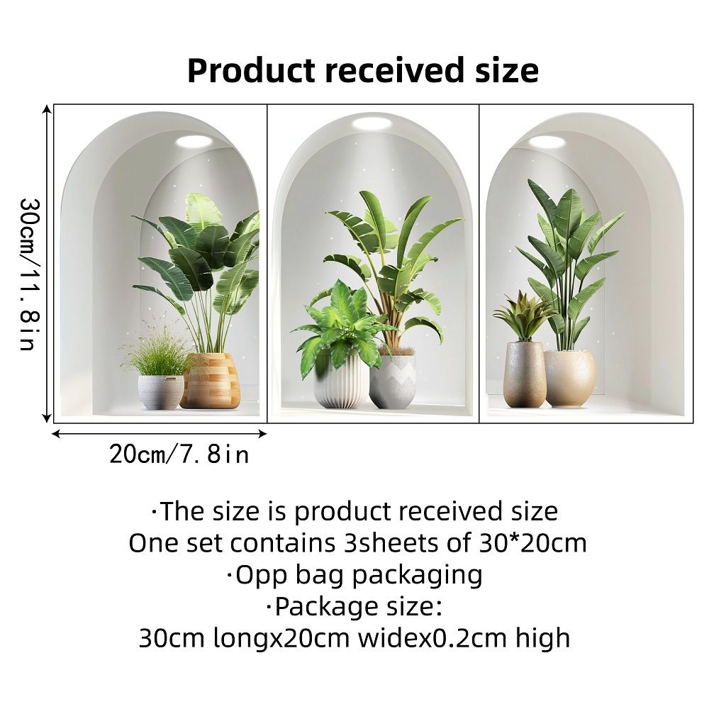 3 pieces 3D Botanical Wall Decals, Peel and Stick Large Wall Stickers of Potted Plants for Living Room, Bedroom, Home Decor, Removable Wall Art