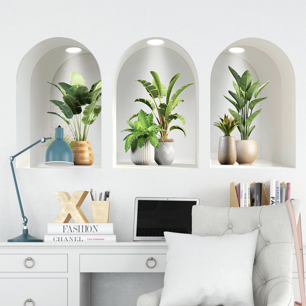 3 pieces 3D Botanical Wall Decals, Peel and Stick Large Wall Stickers of Potted Plants for Living Room, Bedroom, Home Decor, Removable Wall Art