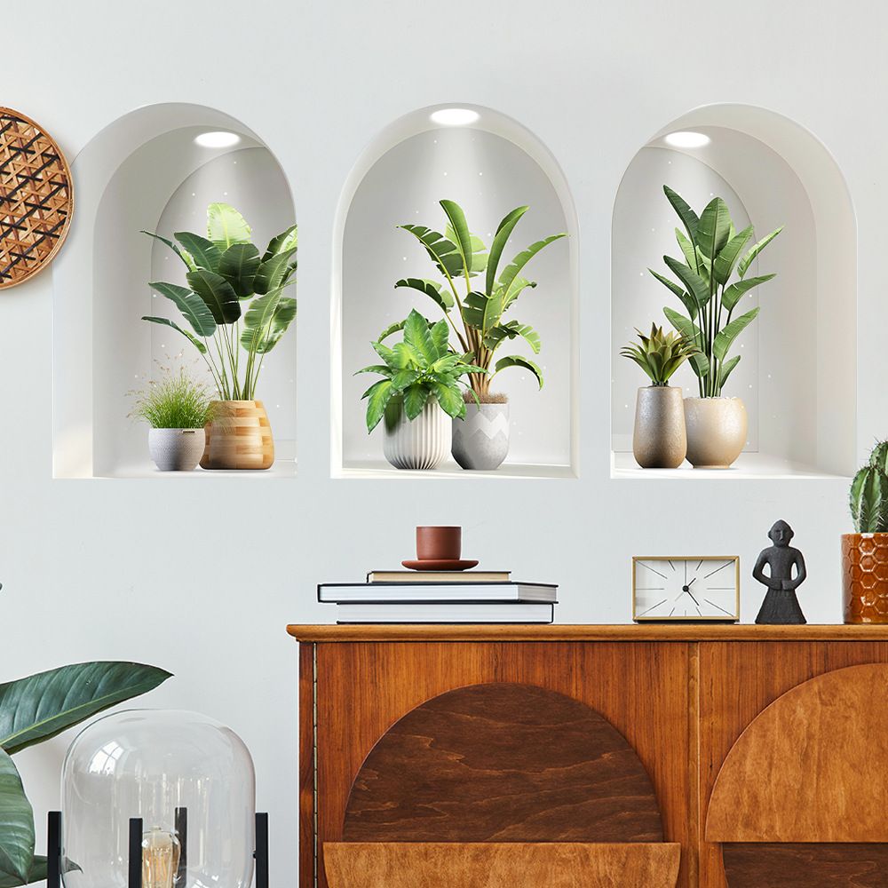 3 pieces 3D Botanical Wall Decals, Peel and Stick Large Wall Stickers of Potted Plants for Living Room, Bedroom, Home Decor, Removable Wall Art