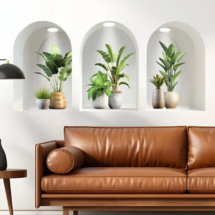 3 pieces 3D Botanical Wall Decals, Peel and Stick Large Wall Stickers of Potted Plants for Living Room, Bedroom, Home Decor, Removable Wall Art
