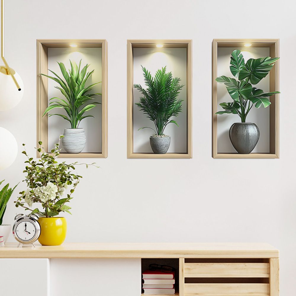 3 pieces 3D Botanical Wall Decals, Peel and Stick Large Wall Stickers of Potted Plants for Living Room, Bedroom, Home Decor, Removable Wall Art