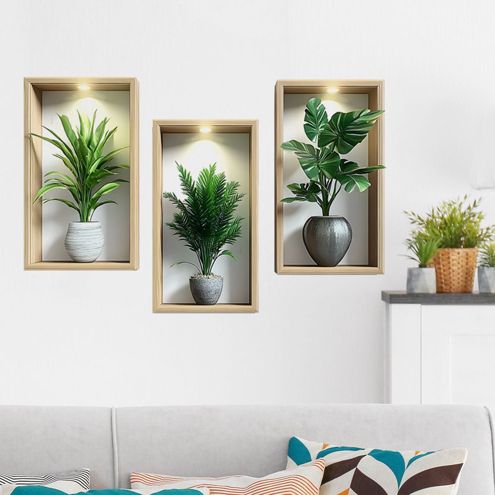3 pieces 3D Botanical Wall Decals, Peel and Stick Large Wall Stickers of Potted Plants for Living Room, Bedroom, Home Decor, Removable Wall Art