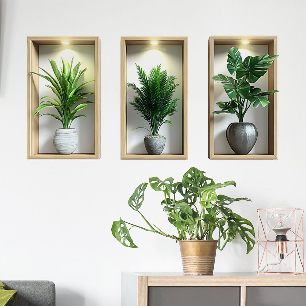 3 pieces 3D Botanical Wall Decals, Peel and Stick Large Wall Stickers of Potted Plants for Living Room, Bedroom, Home Decor, Removable Wall Art