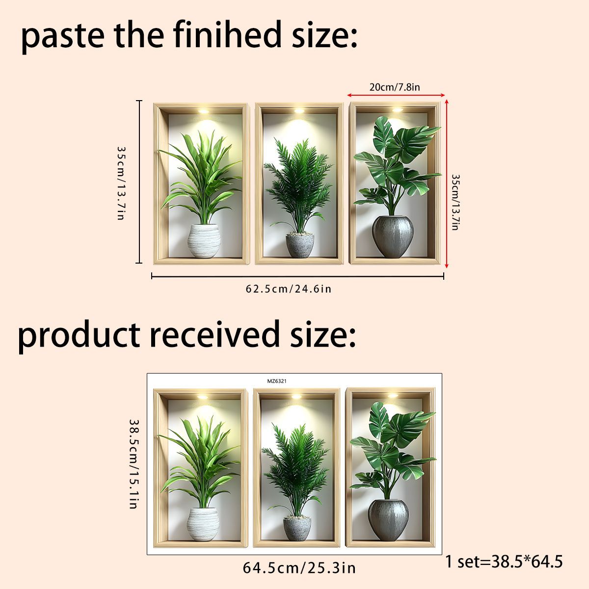 3 pieces 3D Botanical Wall Decals, Peel and Stick Large Wall Stickers of Potted Plants for Living Room, Bedroom, Home Decor, Removable Wall Art
