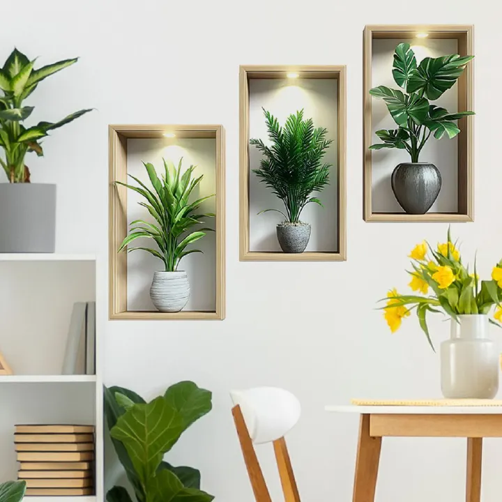 3 pieces 3D Botanical Wall Decals, Peel and Stick Large Wall Stickers of Potted Plants for Living Room, Bedroom, Home Decor, Removable Wall Art