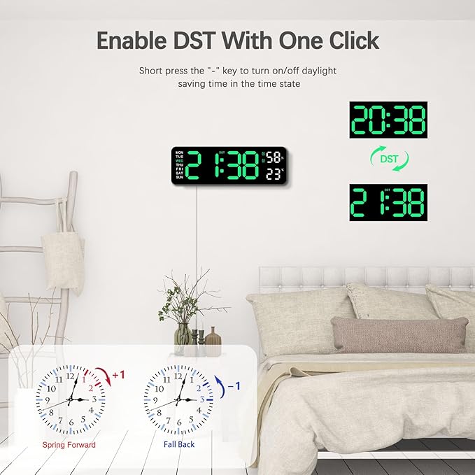 9 Inch Large Electronic LED Digital Wall Clock, USB Powered LED Alarm Clock with Temp Humidity Big Digits, Auto Day Night Dimmer DST Daylight Saving Time, 12/24H, Wall & Desk Mountable Clock
