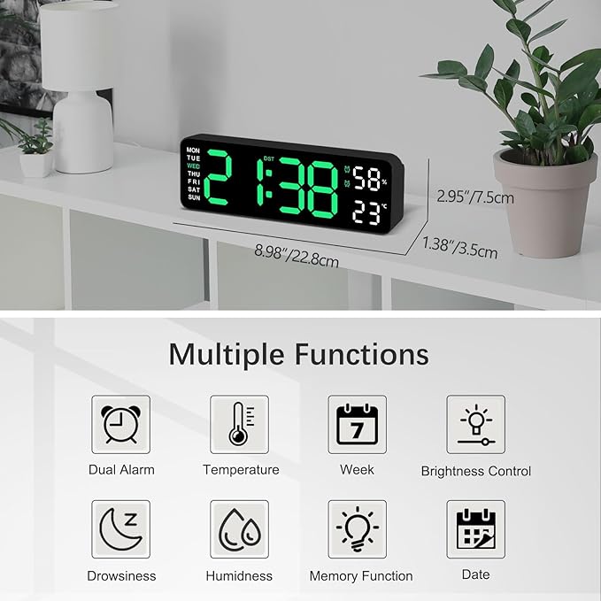 9 Inch Large Electronic LED Digital Wall Clock, USB Powered LED Alarm Clock with Temp Humidity Big Digits, Auto Day Night Dimmer DST Daylight Saving Time, 12/24H, Wall & Desk Mountable Clock