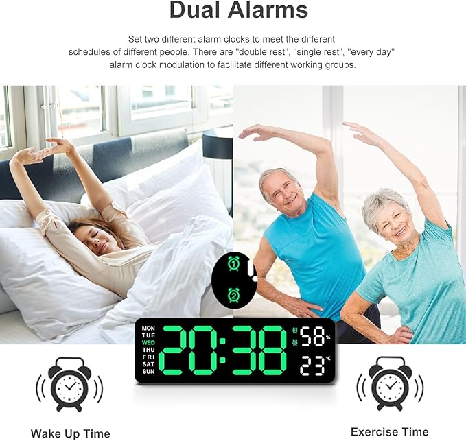 9 Inch Large Electronic LED Digital Wall Clock, USB Powered LED Alarm Clock with Temp Humidity Big Digits, Auto Day Night Dimmer DST Daylight Saving Time, 12/24H, Wall & Desk Mountable Clock