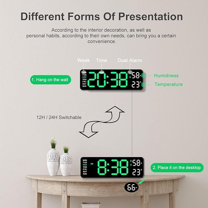 9 Inch Large Electronic LED Digital Wall Clock, USB Powered LED Alarm Clock with Temp Humidity Big Digits, Auto Day Night Dimmer DST Daylight Saving Time, 12/24H, Wall & Desk Mountable Clock
