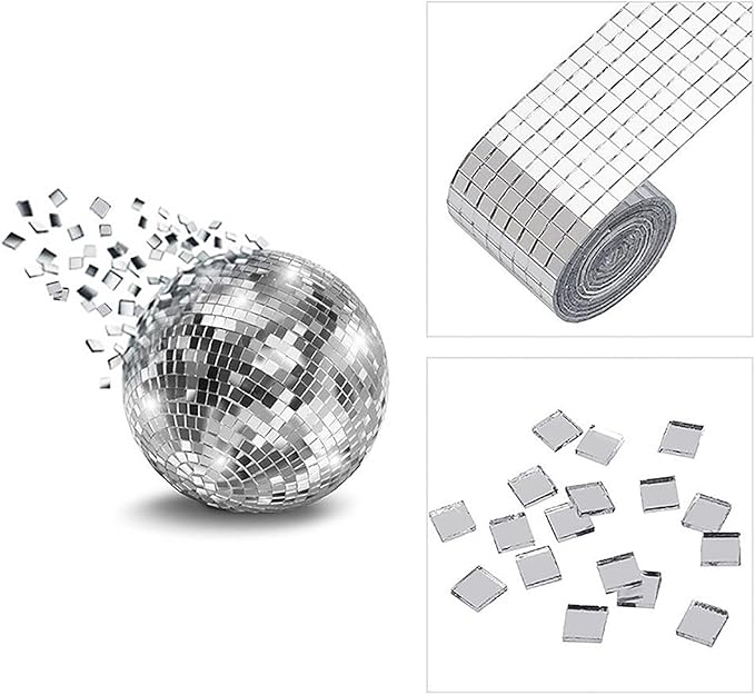 1600Pcs Self‑Adhesive Disco Mirror Mosaic Tiles, 5x5mm Silver Square Glass Sticker, DIY Craft Supplies for Disco Ball Vase Pot Art Project Home Indoor Outdoor Party Wall Decoration