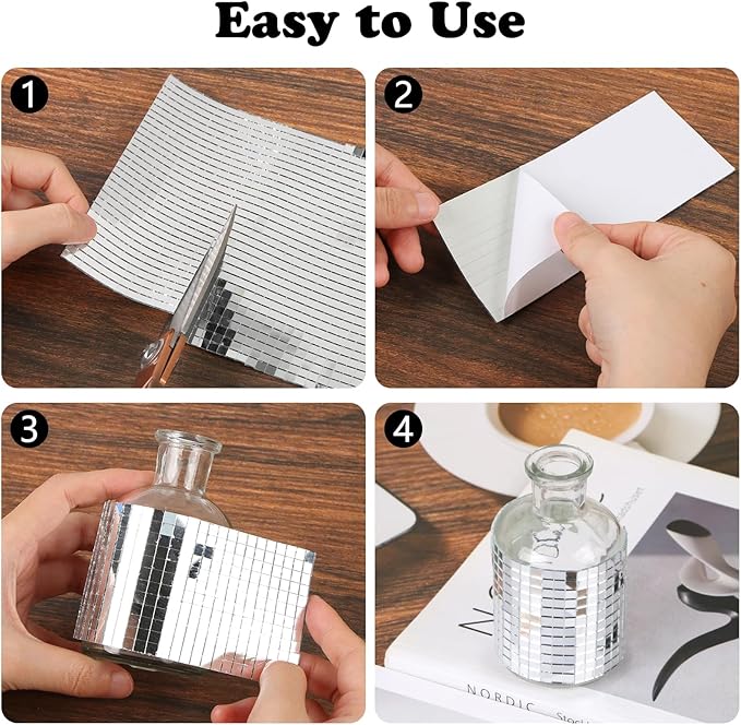 1600Pcs Self‑Adhesive Disco Mirror Mosaic Tiles, 5x5mm Silver Square Glass Sticker, DIY Craft Supplies for Disco Ball Vase Pot Art Project Home Indoor Outdoor Party Wall Decoration
