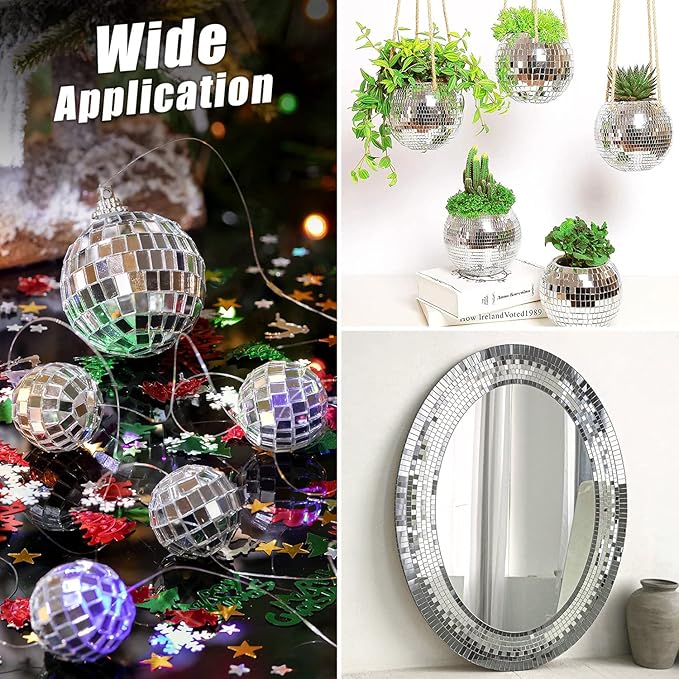 1600Pcs Self‑Adhesive Disco Mirror Mosaic Tiles, 5x5mm Silver Square Glass Sticker, DIY Craft Supplies for Disco Ball Vase Pot Art Project Home Indoor Outdoor Party Wall Decoration